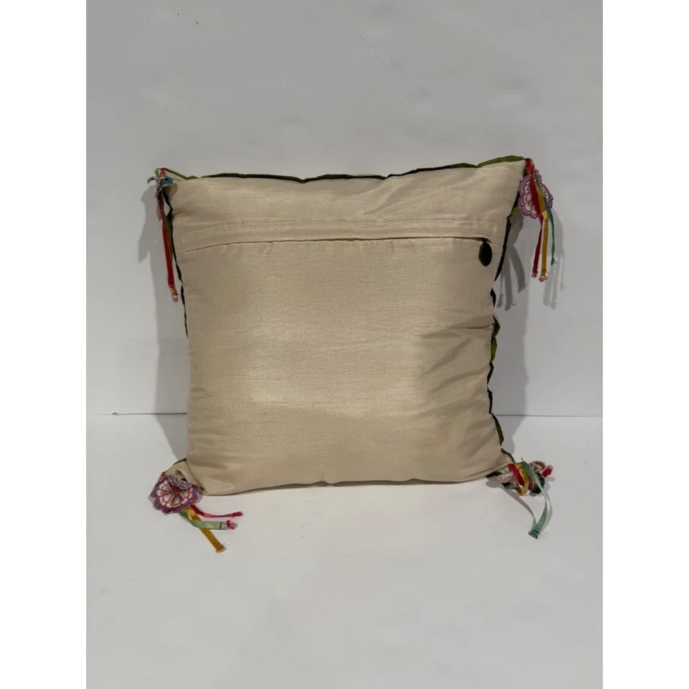 Pier 1 Floral Embroidered Floral Throw Pillow Square Pink Green Applique Tassel